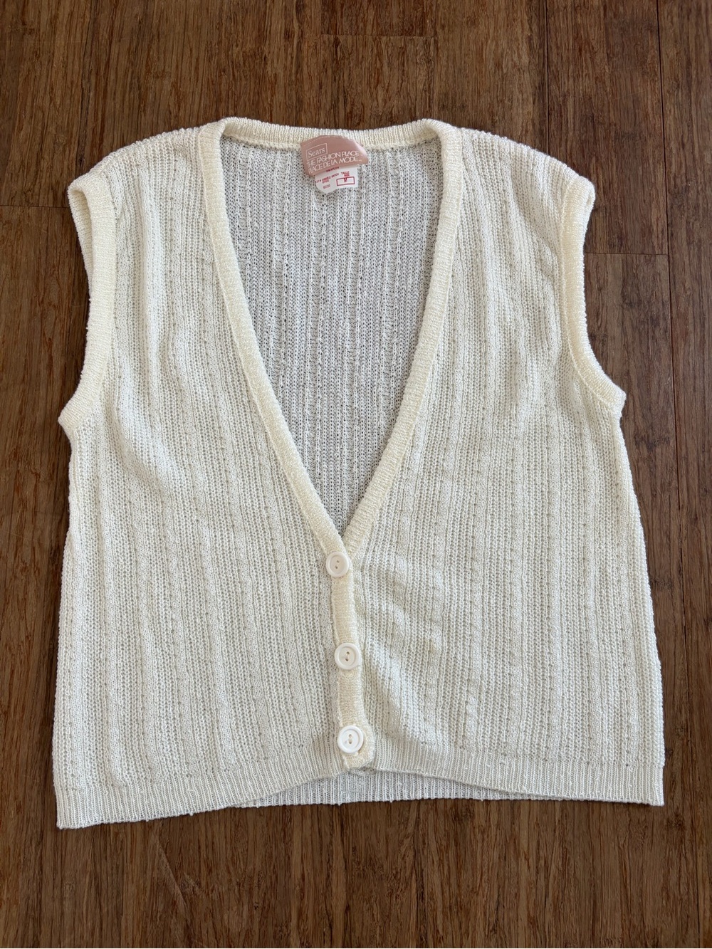 Vintage 70s Sears The Fashion Place Cream Knit Sweater Vest Button Front Medium
